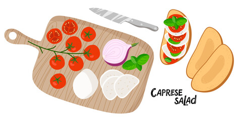 Italian Bruschetta. Cooking vegetarian open sandwich. Slicing tomatoes and mozzarella on chopping board. Cooking process on white background. Design for menu cafe, cooking class, recipe, cookbook.