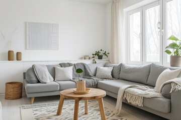 Scandinavian-style living room with grey sofas, a wooden coffee table and a light-colored rug near the window. Scandinavian home interior design of a modern flat in a white color in the style of moder