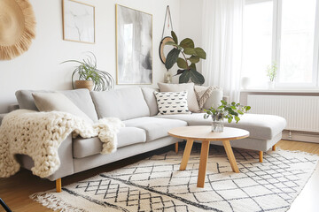 Scandinavian-style living room with grey sofas, a wooden coffee table and a light-colored rug near the window. Scandinavian home interior design of a modern flat in a white color in the style of moder