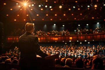 A business conference with speakers on stage, an engaged audience, and networking sessions in between, captured in the style of Editorial Photography