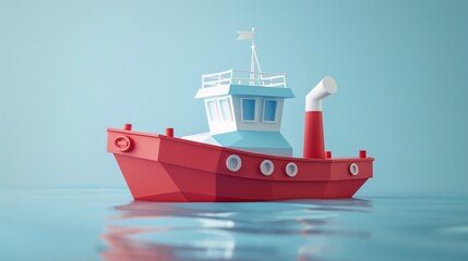 A vibrant red and white toy tugboat floating on calm blue waters, captured against a soft blue background, exemplifying childhood and play.