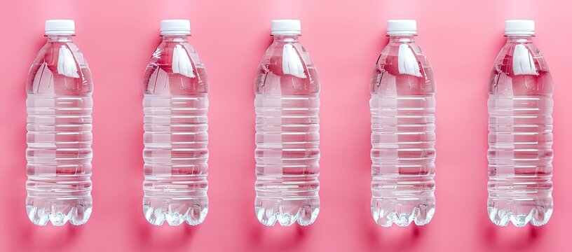 Clear plastic bottles filled with water in the photo in front of a pink wall