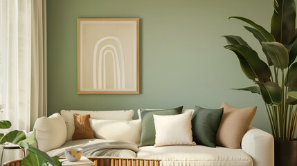 Stylish Sofa with Green and Beige Cushions in Modern Living Room