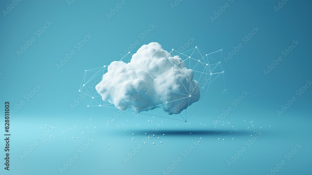 Poster abstract image of a white cloud with a digital network overlay on a blue background, symbolizing tec
