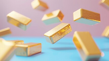 Abstract image of floating gold bars with a colorful background, symbolizing wealth, luxury, and financial investment opportunities.