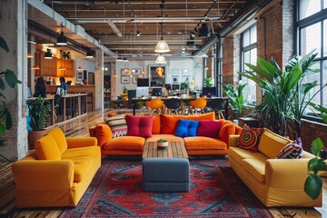 A tech startup's office with a creative layout, colorful furniture, and a team collaborating on innovative projects, captured in the style of Documentary Photography