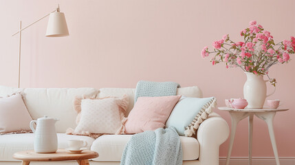 Soft Pink Living Room with Floral Decor and Cozy Accessories
