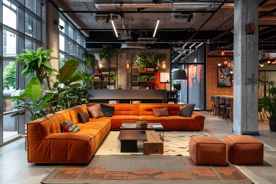 A modern coworking space filled with diverse professionals networking and sharing ideas, with stylish interior design elements, captured in the style of Editorial Photography