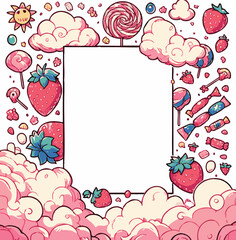 Frame for Text: An Illustration for the Strawberry Festival Featuring Strawberries and Flowers Arranged Around the Edges with a Flirty Girly Theme - Strawberries with Cream in the Clouds for a Playful