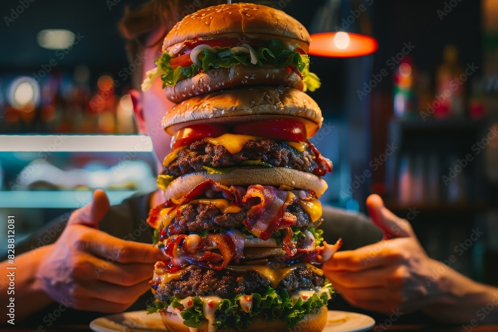 Wall mural A dynamic shot of a food challenge contestant attempting to devour an enormous burger stacked generated by AI - Wall murals