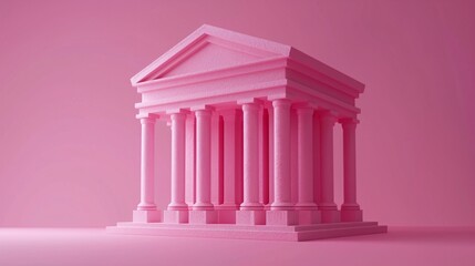 Obraz premium Classical building with columns in monochromatic pink color, depicting ancient architecture in a modern, vibrant style.