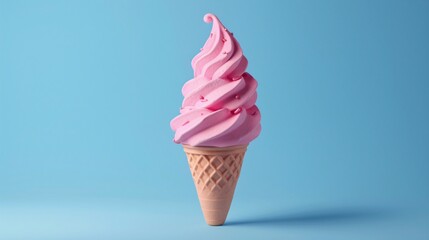 Close-up of a pink soft serve ice cream cone against a blue background. Perfect for summer, dessert, and food-related themes.