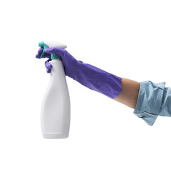 Female hand wearing a cleaning glove and holding a detergent