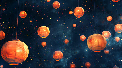 Fototapeta premium Pattern of traditional Japanese lanterns hanging against a dark, starry night sky , Background, texture