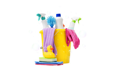 Colorful assorted housecleaning products and accessories
