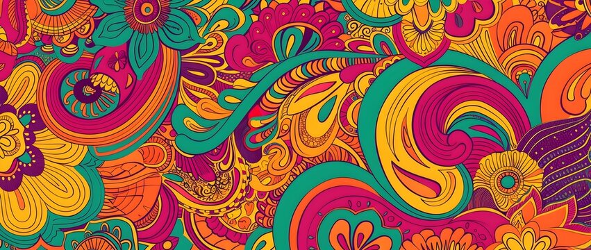 Vibrant Kaleidoscopic Swirls and Patterns in Radiant Fuchsia Tangerine and Emerald Hues Forming a Festive Illustrated Border Frame Design