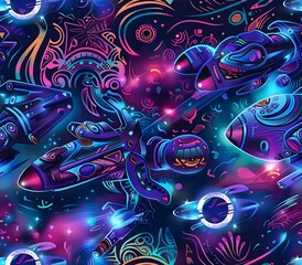 Vibrant Tribal Spacecraft Intertwined with Cosmic Dreamscape A Surreal Digital Blending Ethnic Patterns and Futuristic