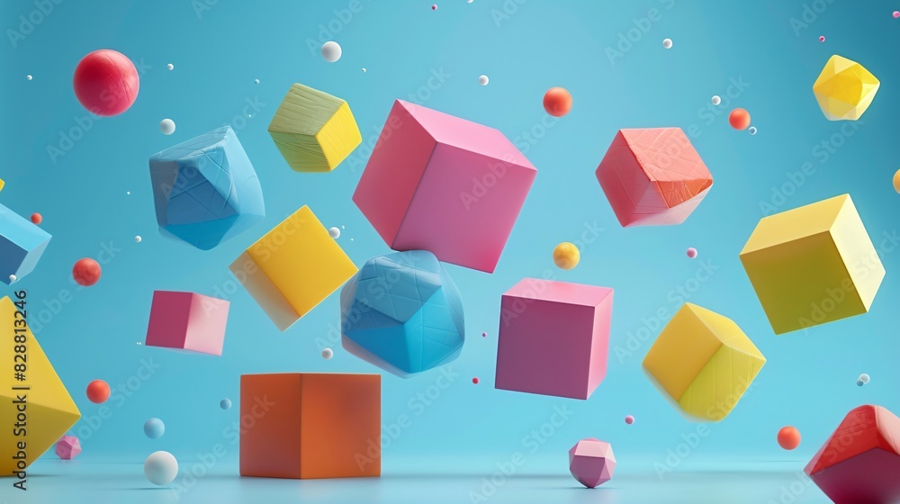 Poster colorful 3d geometric shapes floating in mid-air against a light blue background, creating a playful