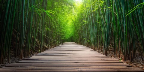 Fototapeta premium A serene bamboo forest pathway invites with its tranquil atmosphere and soft, dappled sunlight breaking through the foliage