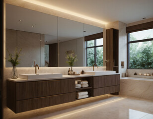3D render of a luxurious bathroom featuring a spacious vanity area with two sinks and a large mirror. Emphasize elegance, functionality, and tranquility in the design. Incorporate premium materials