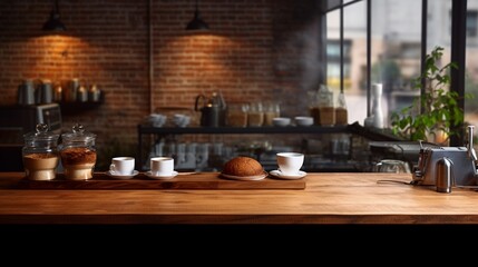 Fototapeta premium coffee cup on empty wooden table in cozy cafe, for coffee product display