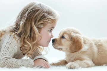 little girl and a puppy in front of a white background