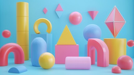 Colorful geometric shapes including spheres, cylinders, and prisms on a blue background. Modern abstract 3D illustration for design.