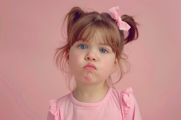 Fototapeta premium Pretty little girl in pink making funny face.
