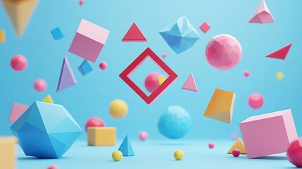 Colorful geometric shapes, including cubes, spheres, and pyramids, floating on a vibrant blue background, creating a playful and dynamic scene.