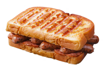 Sausage sandwich, isolated on solid white background, PNG di-cut style, realistic photo style, object as model