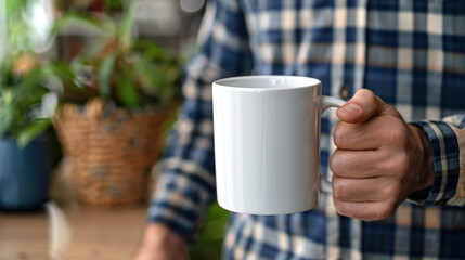 close up man holding mug print on demand plain 11oz coffee white mug, plain mug mockup office business background
