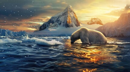 Naklejka premium Scenic polar bear in icy Arctic waters at sunset, with majestic snowy mountains in the background and colorful sky reflecting on water.