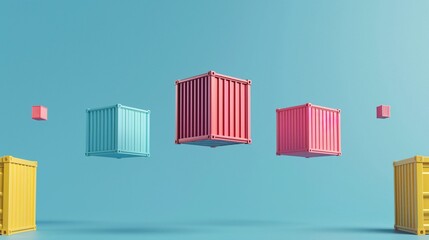 Fototapeta premium Colorful shipping containers floating mid-air against a blue background. Modern logistics and transportation concept.