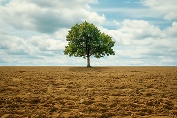 A single tree in a vast, barren field, isolation and solitude concept