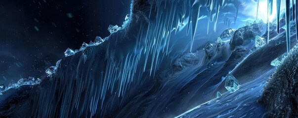 A stunning close-up of icicles and snow creating a mystical, frozen winter landscape illuminated by a blue light in a cold, wintry night.