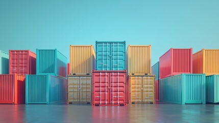 Colorful shipping containers stacked at a port under a clear sky, representing global trade and transportation logistics.