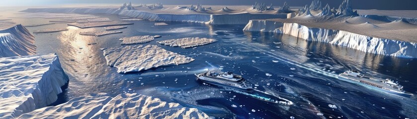 Obraz premium Arctic ocean icebergs with a majestic view of a cruise ship navigating through icy waters in a breathtaking, serene frozen landscape.