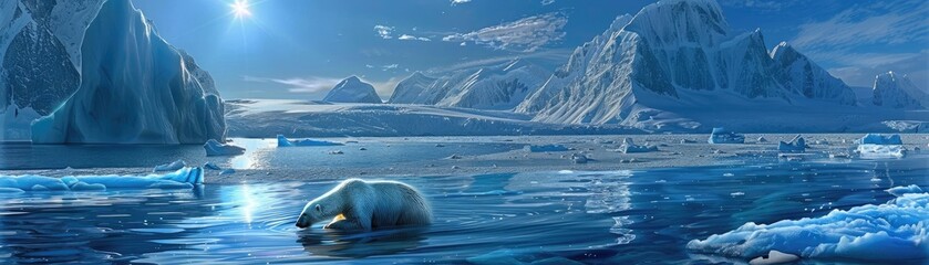 Fototapeta premium A stunning panoramic view of an Arctic landscape with icebergs floating on the tranquil ocean under a clear blue sky.