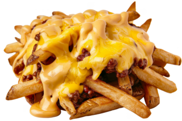 Chili cheese fries, isolated on solid white background, PNG di-cut style, realistic photo style, object as model