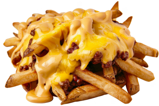 Chili cheese fries, isolated on solid white background, PNG di-cut style, realistic photo style, object as model