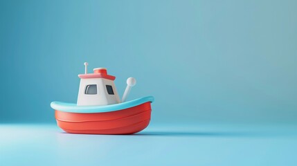 Naklejka premium Colorful toy boat on a blue background. Minimalist marine-themed children's toy still life. Playful and cheerful concept with copy space.
