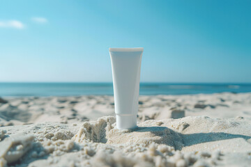 White tube of sun cream on the beach, closeup shot, mockup template