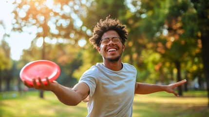 Happy young African American man playing with frisbee in nature park outdoors. Summer leisure game or sport activity outside, throw and catch plastic disc