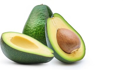 avocado, alligator pear or avocado pear - Persea americana - whole and half prized for its large and unusually oily fruit and known for a huge pit seed, isolated on white background