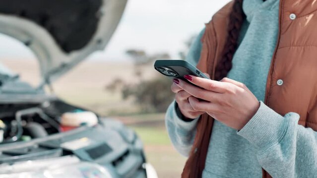 Woman, phone and typing for help with car on road, communication for assistance with transport. Female person, closeup and mobile with internet by auto for message, technology for fail or problem