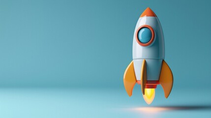 Colorful toy rocket standing upright on a blue background, symbolizing exploration, innovation, and space travel for kids.