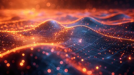 Obraz premium Futuristic landscape with dynamic light grid and data flow