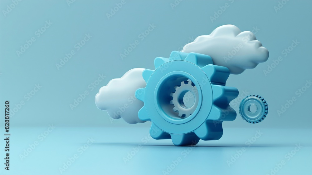 Poster conceptual image of cloud computing with blue gears, symbolizing data management and technical opera