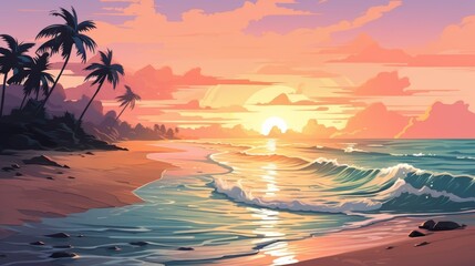 Beautiful tropical beach at sunset with vibrant colors, palm trees, and gentle waves, perfect for a serene and relaxing getaway.