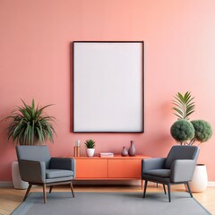 mock up poster frame in modern interior background, living room, Contemporary style, 3D render, 3D illustration